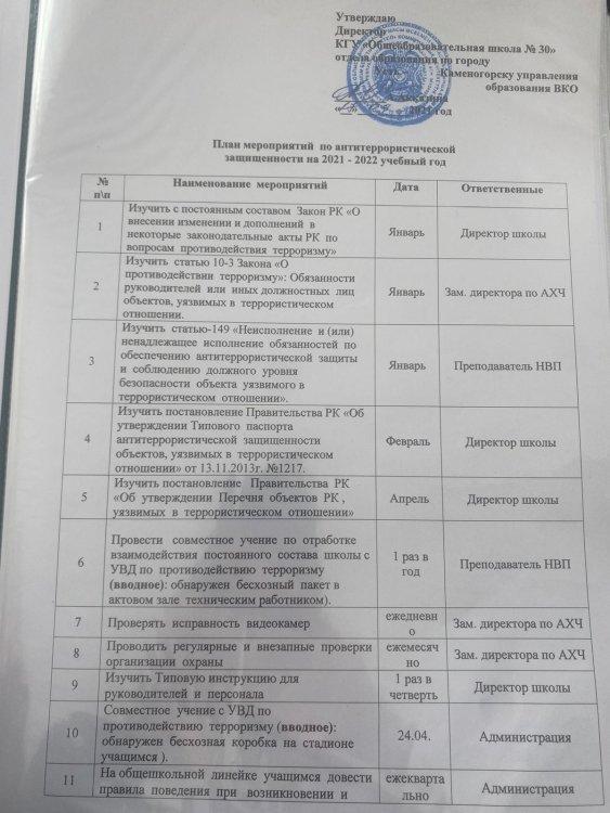 План мероприятий по антитеррористической защищенности на 2021-2022 учебный год