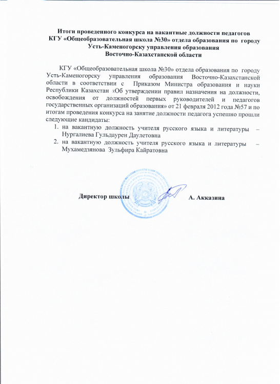 Итоги конкурса на замещение вакантных должностей педагогов